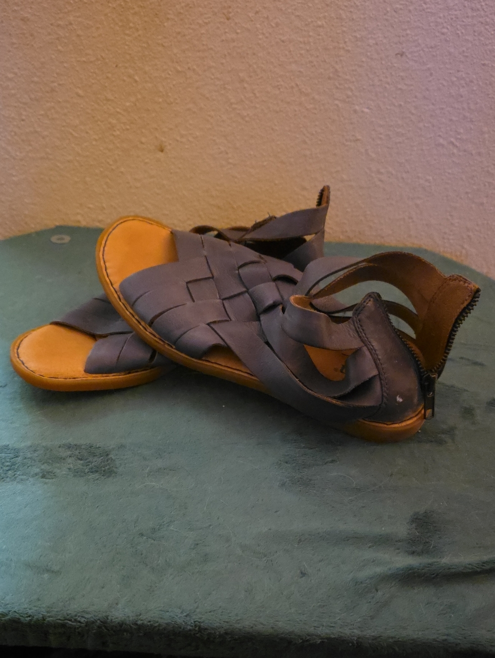 Born Woven Leather Sandals in Dark Brown with Tan Footbed